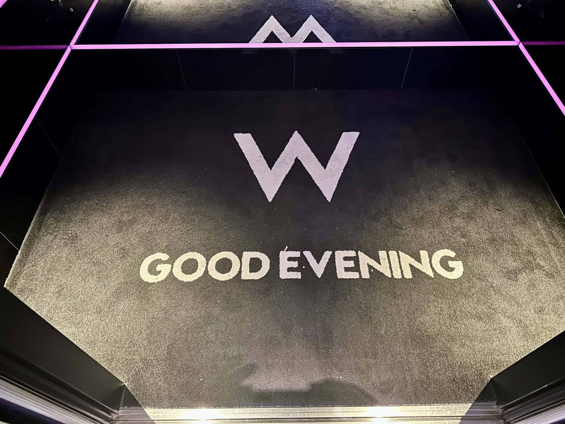 W Hotel Good Evening Welcome Mat in Elevator w-hotel-good-evening-mat