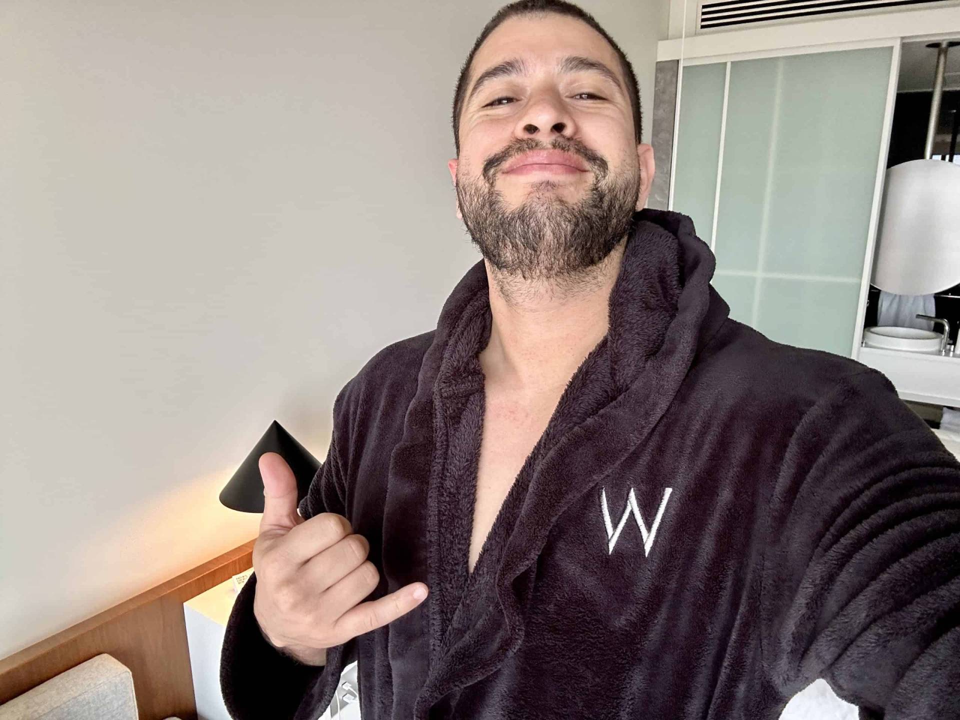 Enjoying the W hotel branded black bathrobe. It was very comfortable!