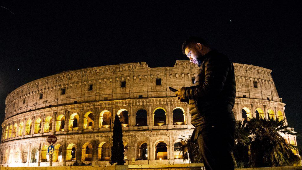 The views of the Roman Colosseum at night.