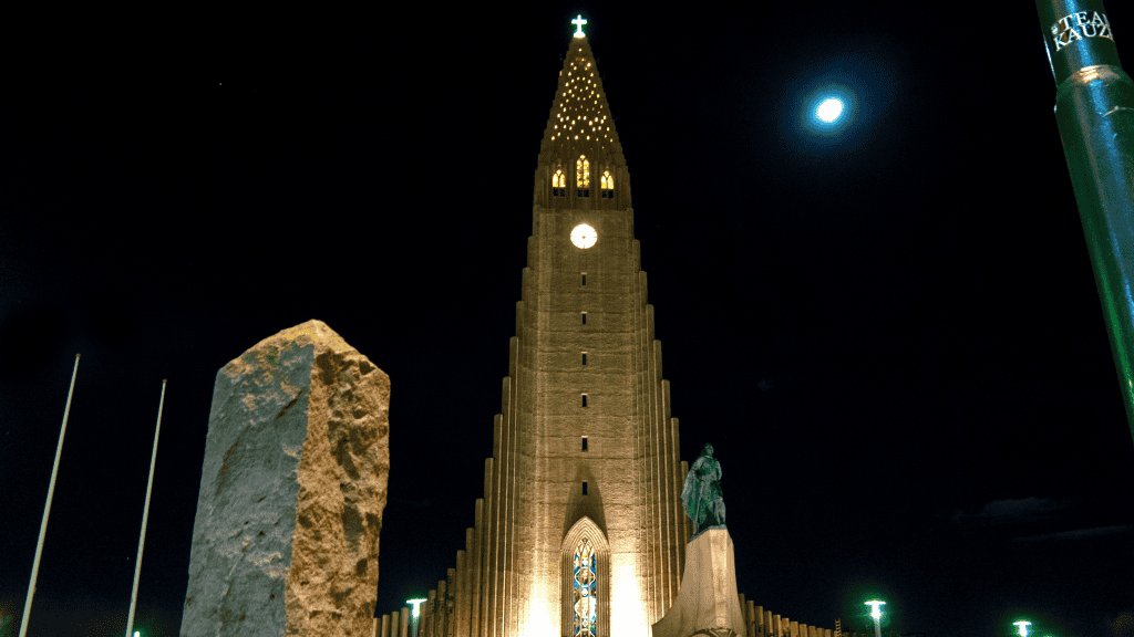 Hallgrímskirkja Church at night in Reykjavik, Iceland.